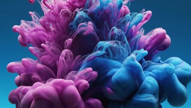 Vibrant purple and blue liquid splash forming an abstract cloud shape against a deep blue gradient background from a close-up viewpoint