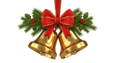 Pair of golden christmas jingle bells decorated with green pine branches holly berries and a large...
