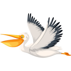 Pixel Art White Pelican Bird With Orange Beak and Yellow Eyes Flying With Wings Spread Open Against a Transparent Background Detailed Illustration
