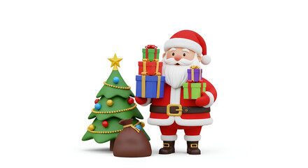 Happy santa claus standing next to a decorated christmas tree holding wrapped gifts isolated on a pure white background