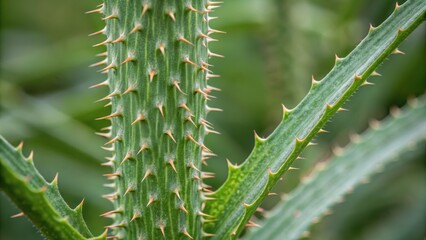 Fototapeta premium Herbal plant hidden natural concept. Sharp, green cactus spines create a striking visual against a blurred green background.