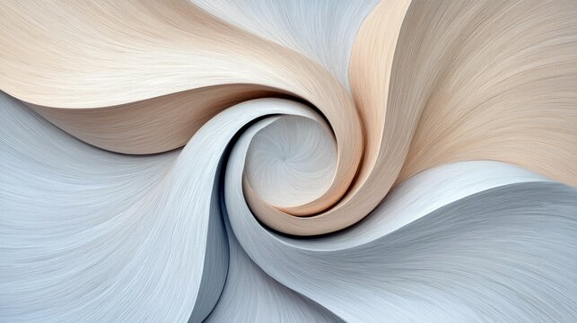 A close-up abstract view of flowing, layered fabric in soft pastel shades of cream, beige, and light blue, creating a dynamic spiral.