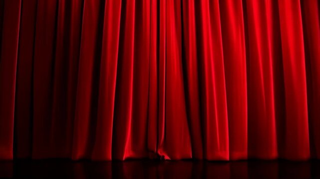Elegant Red Velvet Stage Curtains Partially Open Revealing a Dimly Lit Stage Under Dramatic Spotlights Creating a Mysterious Atmosphere