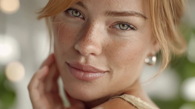 Portrait of a woman. Video of freckled woman with loose waves gently tucking hair behind ear, from coy glance to playful wink and beaming grin amid soft bokeh lights.

