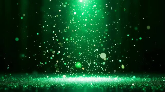 Emerald Green Glittering Particles Falling Downward From Stage Spotlight Onto Reflective Floor With Soft Focus Bokeh Background Elegant