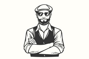 Bearded man wearing cap and glasses confidently crosses his arms in monochrome