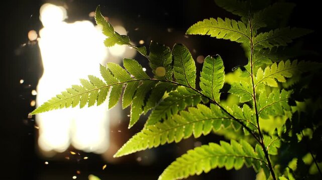 Green fern leaf illuminated by sunlight in dark environment, nature background, plant, leaf, tropical, fern, green, sunlight.