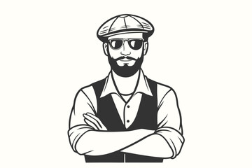 Bearded man wearing a newsboy cap and sunglasses crosses his arms confidently