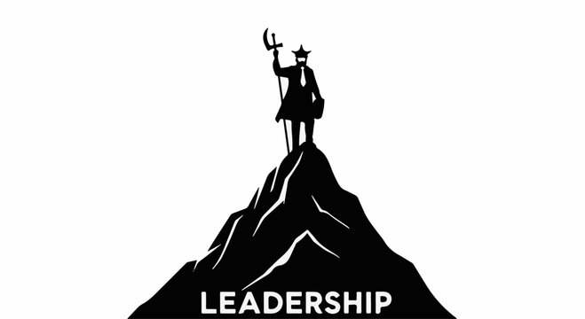 Silhouette of a leader standing triumphantly atop a mountain peak, symbolizing achievement and success.
