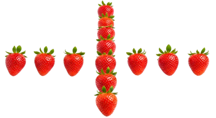 A vertical line and a horizontal line of fresh strawberries isolated on transparent background