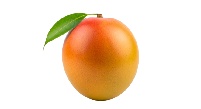 A single ripe mango with a green leaf, isolated on a transparent background - Powered by Adobe