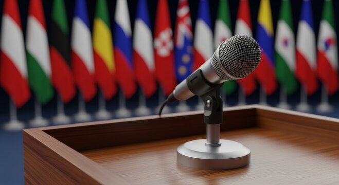 International conference podium with microphone and diverse flags displayed