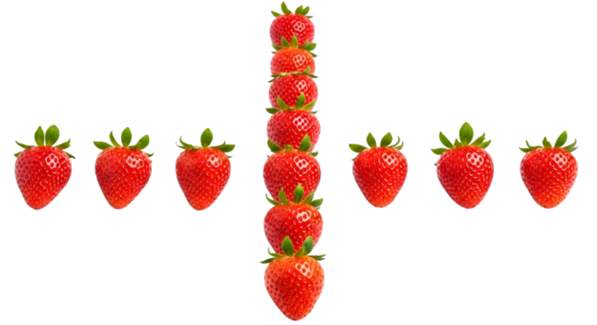 A vertical line and a horizontal line of fresh strawberries isolated on transparent background