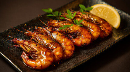 黒い皿に並べられた焼き車海老