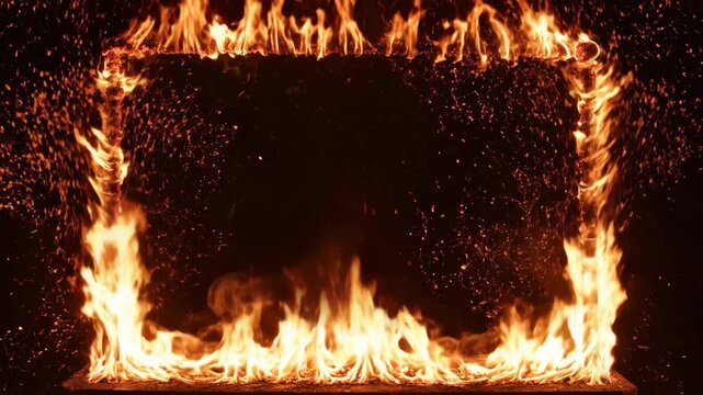 Fiery frame of intense flames and burning embers creating a dynamic visual effect for background design