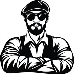 Bearded man with crossed arms, wearing sunglasses and a flat cap in black and white