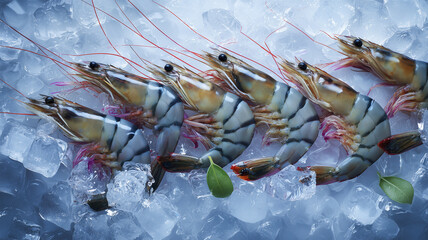 氷の上に並べられた新鮮な車海老