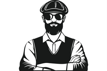 Bearded man with cap and sunglasses poses confidently with arms crossed in black vector