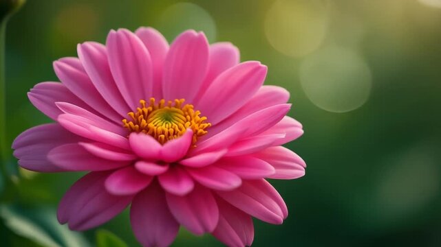Close-up of a vibrant pink aster flower with a golden center and blurred green background