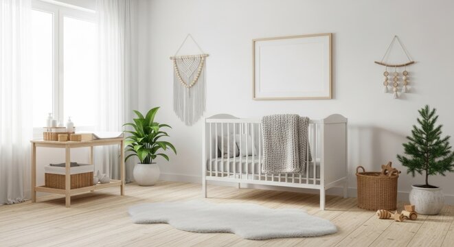 Minimalist and Bright Baby Nursery with Neutral Decor and Green Plants - Powered by Adobe