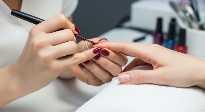 Professional manicure session with red nail polish application in a beauty salon