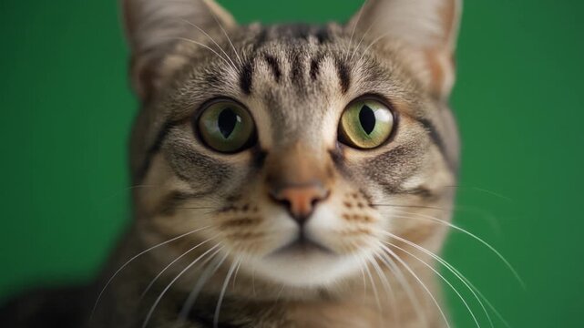 Close-up of a Tabby Cat's Face with Wide Green Eyes Against a Solid Green Background, Highlighting its Features