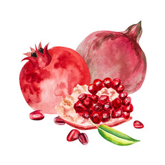 Pomegranate, hand-drawn watercolor illustration. Pomegranate fruits, pomegranate seeds, leaves, and flowers, hand-drawn in watercolor.