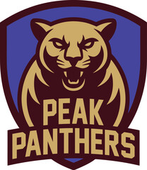 Angry gold colored cougar panther wildcat mascot logo on dark blue shield sport team emblem