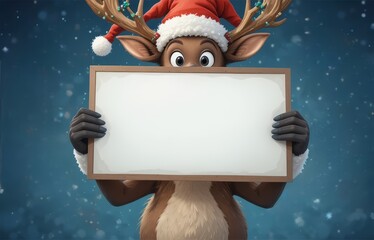 A cartoon reindeer wearing a Santa hat holds a blank sign. Snowflakes fall in the background, creating a festive winter atmosphere.