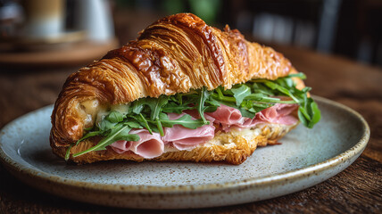クロワッサンではさんだハムとルッコラのサンドイッチ
