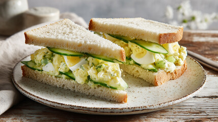 皿に盛られた卵ときゅうりのサンドイッチ