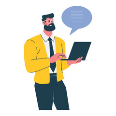 businessman with laptop and chat bubble