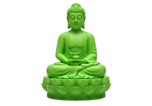 Green buddha statue sitting in meditation on a lotus flower, symbolizing peace and enlightenment, isolated on transparent background