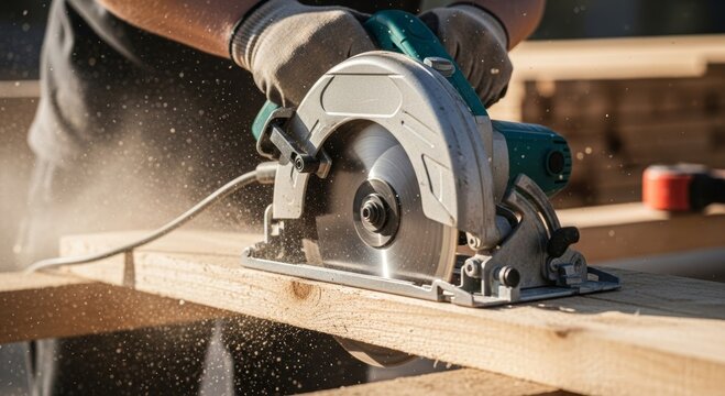 Carpentry work with circular saw machine for wood cutting in workshop