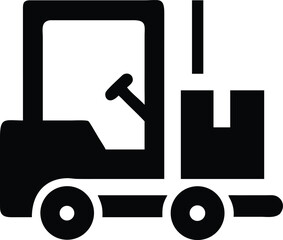 Black forklift transports a cardboard package, representing warehousing, distribution and industrial logistics