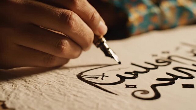 Captivating close-up of a skilled artisan's hand meticulously crafting intricate Arabic calligraphy with a traditional fountain pen on aged parchment, highlighting the beauty of ancient script