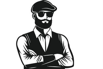 Bearded man confidently poses with arms crossed wearing a cap and sunglasses in monochrome