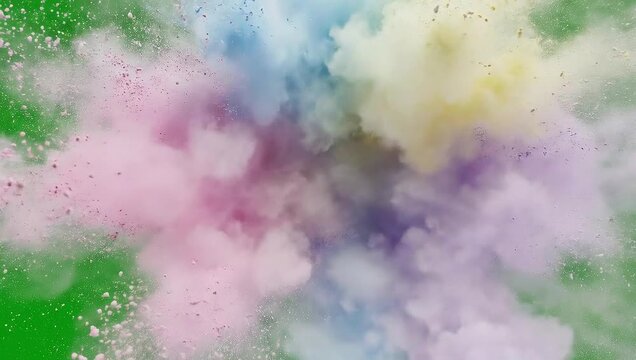 Dynamic burst of vibrant multi-colored powder exploding with energetic motion, creating an abstract cloud against a chroma key green background for visual effects and creative projects