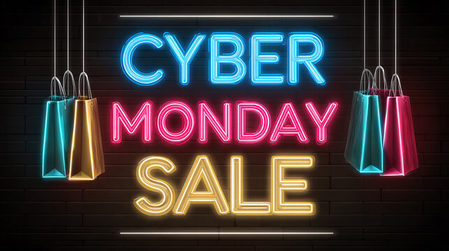 Cyber Monday Sale Neon Lights and Shopping Bags - Powered by Adobe
