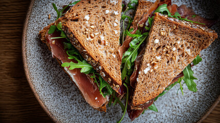全粒粉パンで作ったハムとルッコラのサンドイッチ
