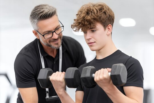 Teen Boy Lifting Dumbbells With Personal Trainer In Gym. Young Athlete Focused On Exercise, Older Male Coach Assisting. Fitness Training Concept