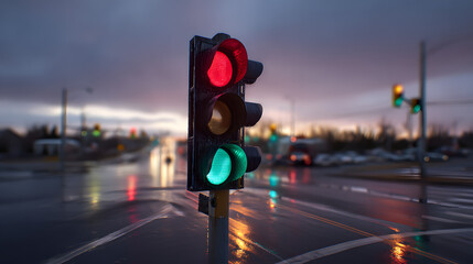 asphalt. Urban traffic light transitioning from red to green at dusk, wet asphalt reflecting lights. mobility guides, transit brochures, designed for transport & logistics marketing.
