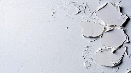 A close-up view of a textured surface with thick, irregular white strokes of plaster or paint, creating an abstract, minimalist design.