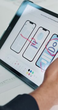 Tablet screen, app development and hands of designer in office for mobile prototype layout. Digital technology, UX and person with phone interface planning for UI design on website in workplace.