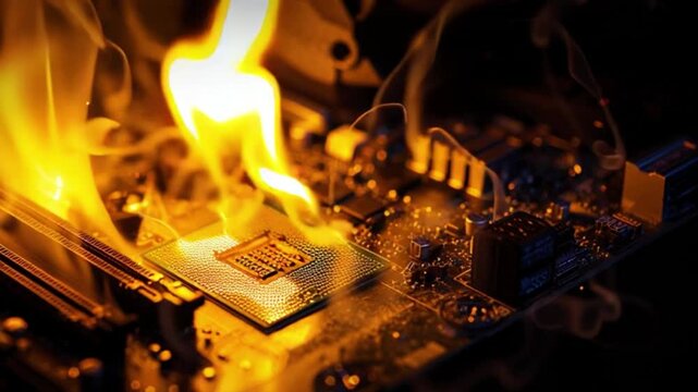 Burning computer motherboard with flames rising over overheated CPU chip, dramatic hardware failure concept in dark environment, electronic circuit destruction, technology malfunction, heat damage clo