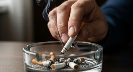 Hand stamping out cigarette in ashtray with smoke: anti-smoking and health awareness concept