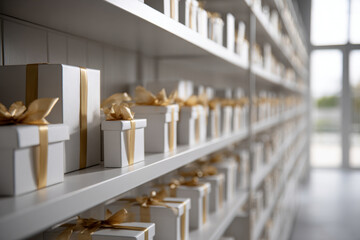 Elegant gift boxes wrapped in golden ribbons arranged in minimalist warehouse with clean white shelves, creating a serene holiday atmosphere and modern aesthetic with ample copy space