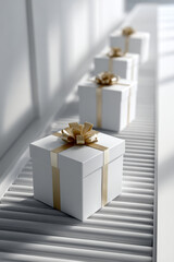 Minimalist conveyor belt featuring perfectly aligned white holiday gift boxes adorned with subtle golden ribbons, showcasing a clean background and high-key lighting, embodying a sense of calm order a