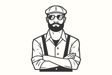 Bearded man with cap and sunglasses stands confidently with his arms crossed calmly