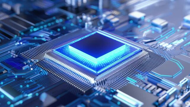 Glowing AI processor chip on futuristic motherboard showing data flow, neural computing, advanced electronics, semiconductor technology, machine learning power, digital innovation.